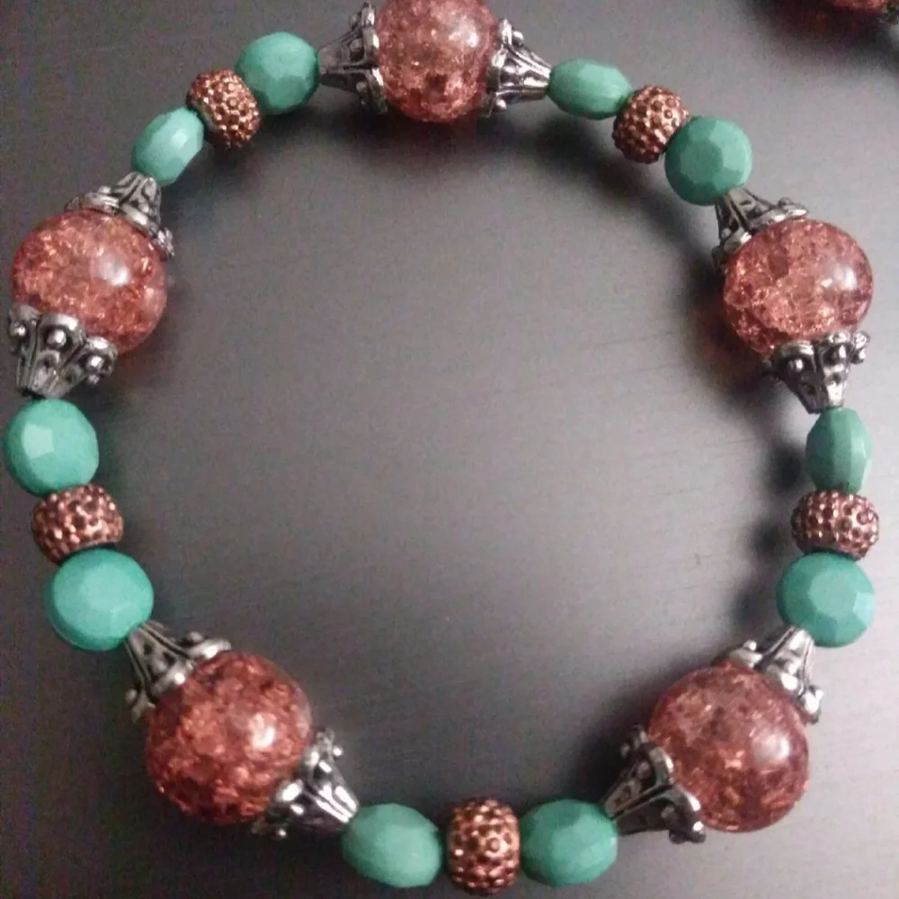 Hand crafted blown glass crackle Rose Gold Necklace and Bracelet matching set